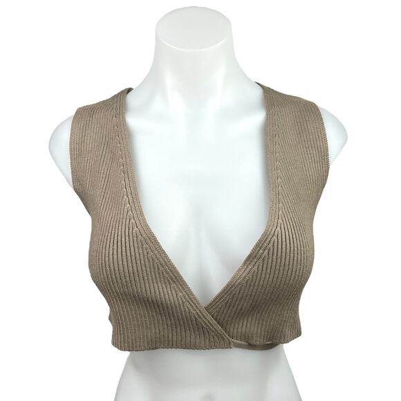 Zara Women's Tan Ribbed Knit V-Neck Sleeveless Pullover Tie Waist Crop Top Sz S - Picture 1 of 4